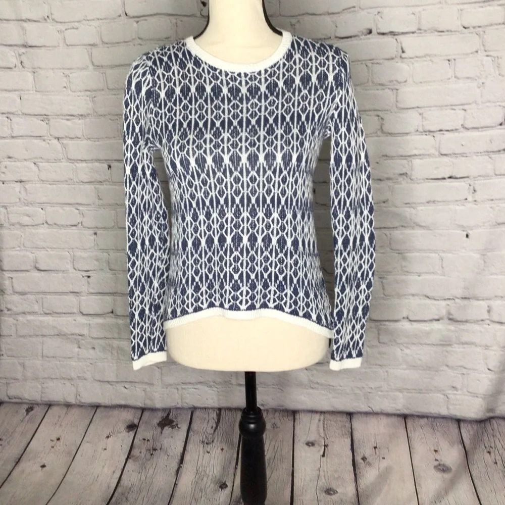 LOFT Blue and Ivory Linen Ikat Pullover Long Sleeve Sweater XSP